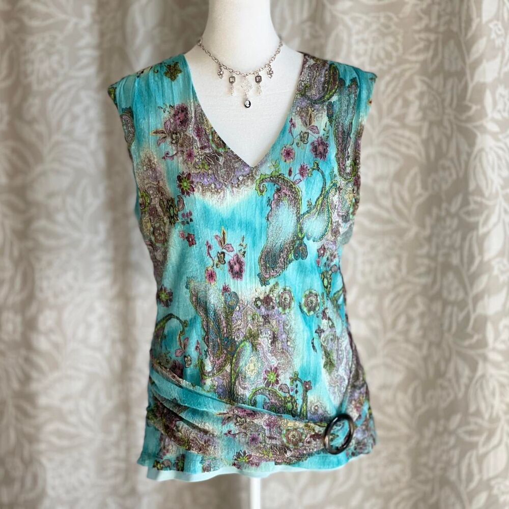 Vintage Y2K Staxs Turquoise Floral Paisley Sleeveless Blouse w/ Faux Belt Sz 16